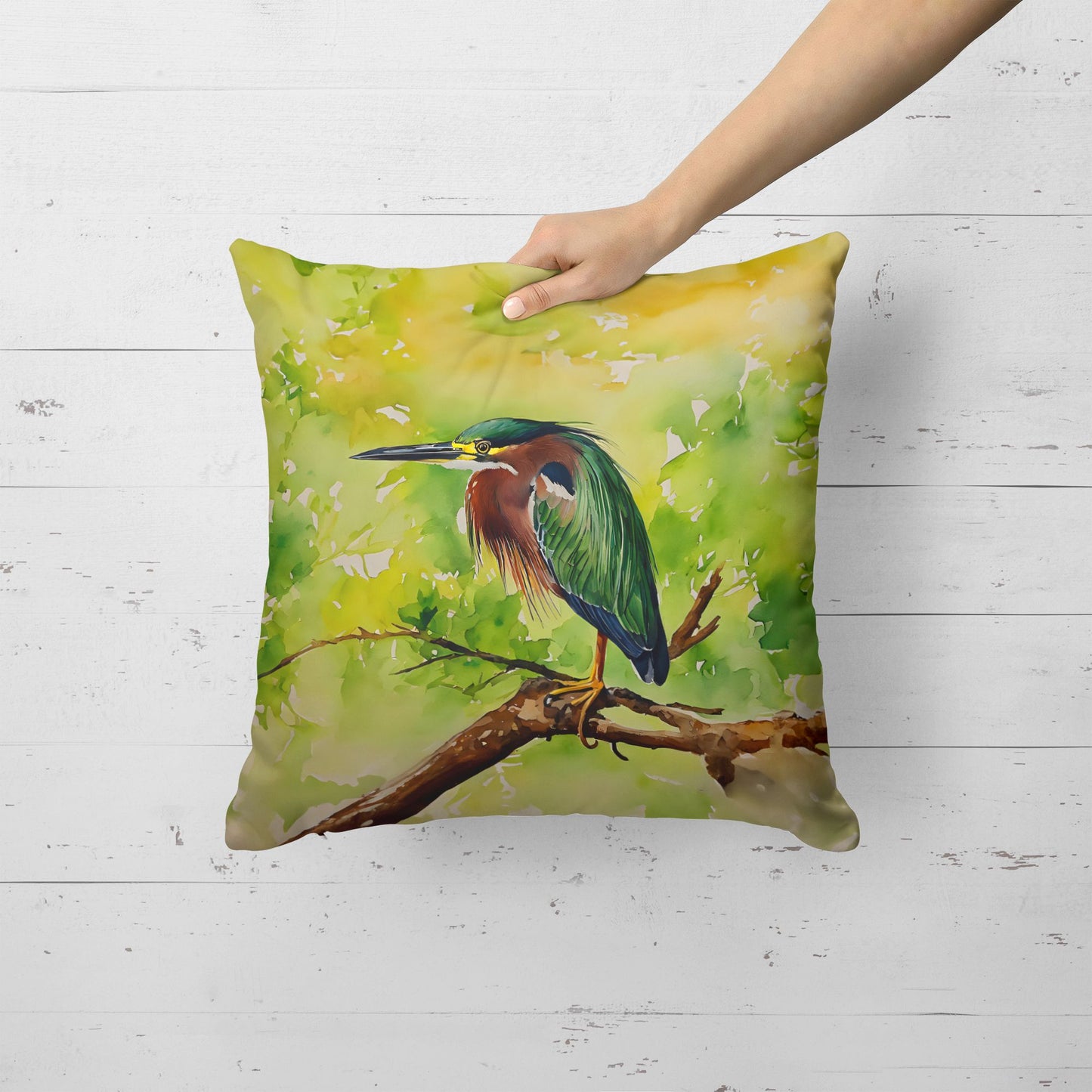Green Heron Throw Pillow Machine Washable, Indoor Outdoor Decorative Pillow for Couch, Bed or Patio, 18Hx18W