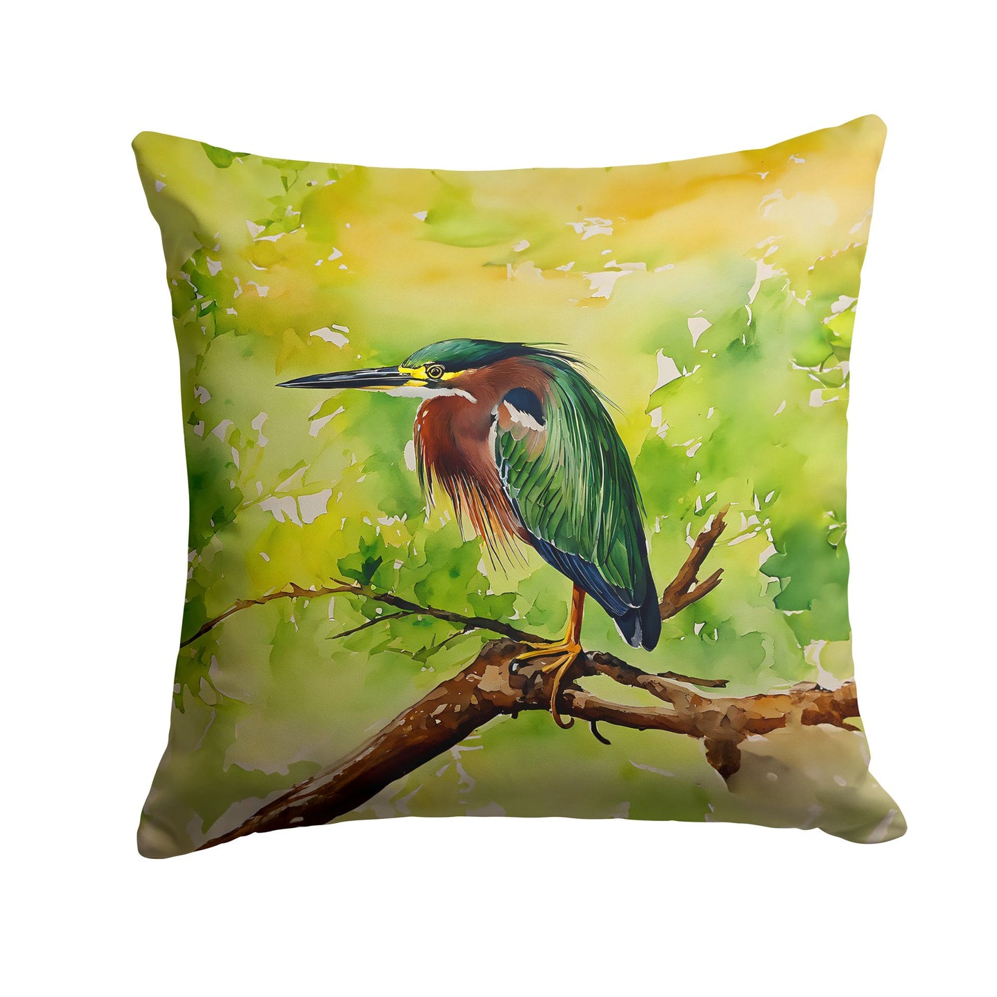 Green Heron Throw Pillow Machine Washable, Indoor Outdoor Decorative Pillow for Couch, Bed or Patio, 18Hx18W
