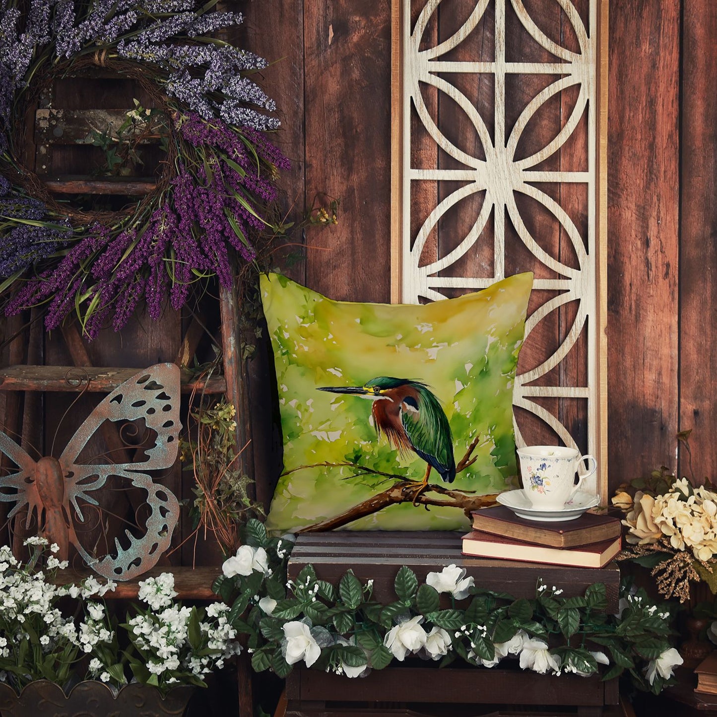 Green Heron Throw Pillow Machine Washable, Indoor Outdoor Decorative Pillow for Couch, Bed or Patio, 18Hx18W
