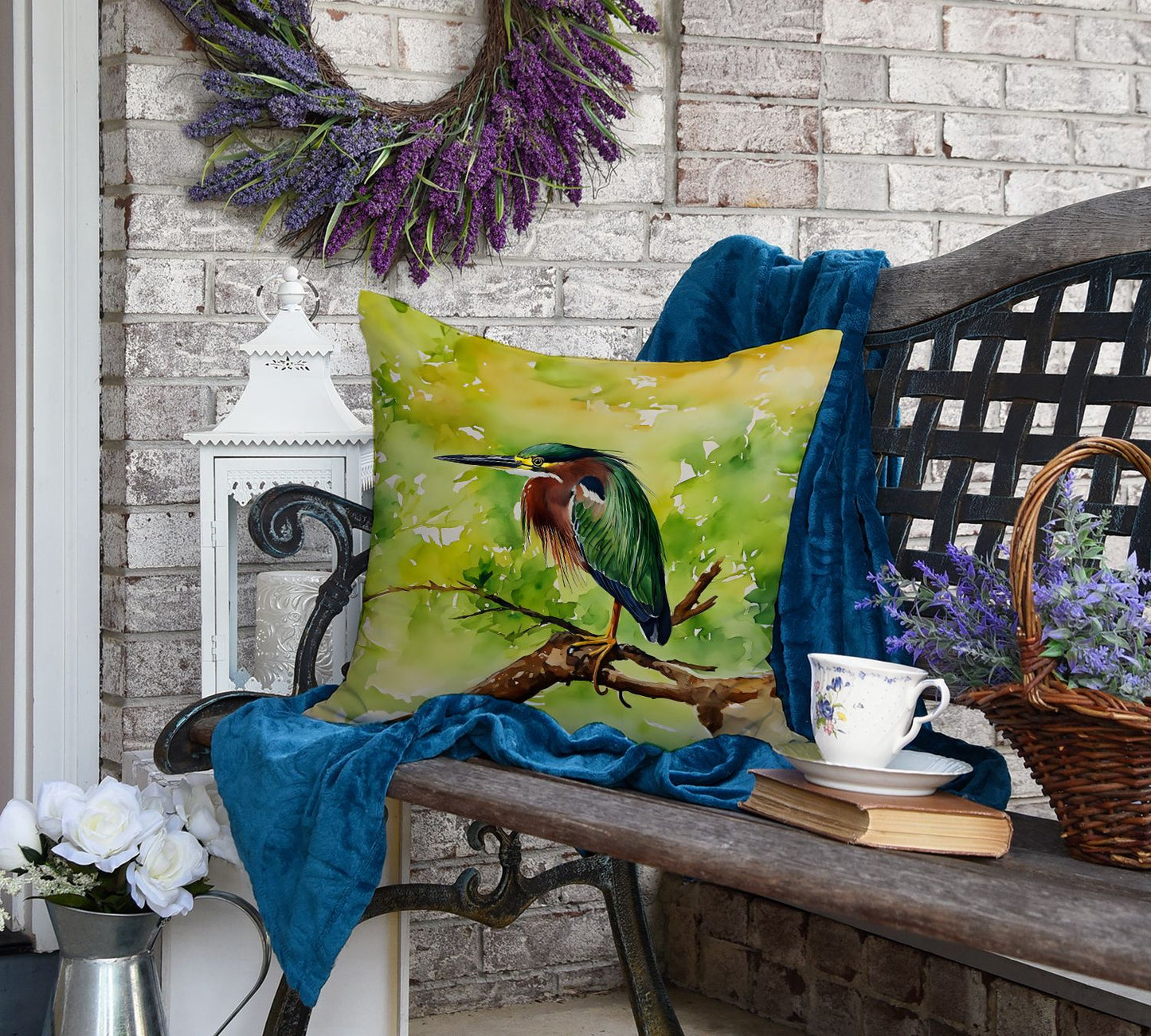 Green Heron Throw Pillow Machine Washable, Indoor Outdoor Decorative Pillow for Couch, Bed or Patio, 18Hx18W
